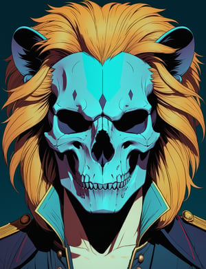 head and shoulders portrait, anthromorphic lion skull , captain pirate, 80s anime style, glitch art, flat colors, key visual, vibrant, studio anime, minimalistic, (style of Charlie Bowater, (style of moebius:1.2):1.15), 