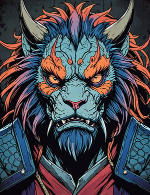 (close up, head and shoulders portrait:1.5), red, orange, blue, violet gradient ,(anthromorphic manticore :1.5), samurai, wearing samurai armor, (strong outline sketch style:1.5), symmetrical features, gritty fantasy, (darkest dungeon art style :1.4), dark muted background, detailed, one_piece_wano_style, Dark Manga of