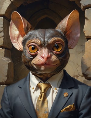 creative magic creature art, creature fusion ( reptile :1.4) (tarsier :1.8), (rabbit ears :2), wearing business suit, glowing eyes, head and shoulders portrait , hyper-detailed oil painting, art by Greg Rutkowski and (Norman Rockwell:1.5) , illustration style, symmetry , inside a medieval dungeon, cracked stone walls , huayu