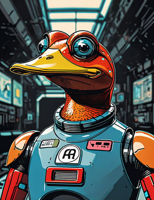 (close up, head and shoulders portrait:1.5), An extremely detailed 1970s retro-future anthropomorphic (frog:1.2) (duck :1.4) robot, centered, (strong outline sketch style:1.5), (flat silkscreen art style:1.8), minimal dark background, red, orange, sapphire, black and white tones, masterpiece, epic, sharp focus,, by pascal blanche rutkowski repin artstation painting concept art of detailed character design matte painting, 4 k resolution blade runner, dark muted background, detailed, comic book,dcas_lora