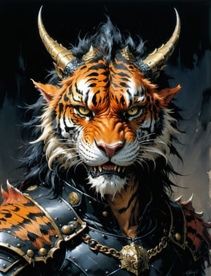 art by simon bisley, art by ralph steadman, art by vallejo, a masterpiece, stunning detail, (head and shoulders portrait:1.3), (anthropomorphic (dragon1.4)  (tiger:1.2) :1.3), supreme wearing black leather armor, creature fur scales , dark background 