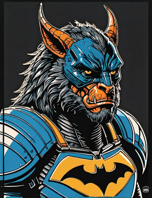 (close up, head and shoulders portrait:1.5), An extremely detailed 1970s retro-future anthropomorphic (batman :1.2) (manticore :1.4) robot, centered, (strong outline sketch style:1.5), (flat silkscreen art style:1.9), (solid dark background:1.2), (retro color scheme), masterpiece, epic, by pascal blanche rutkowski repin artstation painting concept art of detailed character design matte painting, 4 k resolution blade runner, dark muted background, detailed, comic book,dcas_lora