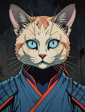 (close up, head and shoulders portrait:1.5), red, orange, blue, violet gradient ,(anthromorphic Siamese cat:1.5), samurai, wearing samurai armor, (strong outline sketch style:1.5), symmetrical features, gritty fantasy, (darkest dungeon art style :1.4), dark muted background, detailed, one_piece_wano_style, Dark Manga of,anime screencap