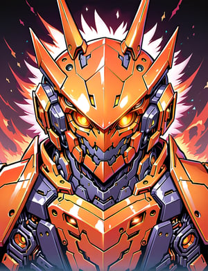 head and shoulder portrait, 1 horned toad robot, (solo robot:2) , mechanical features, mechanical joints, fantasy, dark background, giant robot, red and orange color scheme, symmetrical features