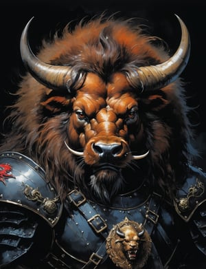 art by simon bisley, art by ralph steadman, art by vallejo, a masterpiece, stunning detail, (head and shoulders portrait:1.3), (anthropomorphic manticore bison:1.3), supreme wearing black leather armor , dark background 