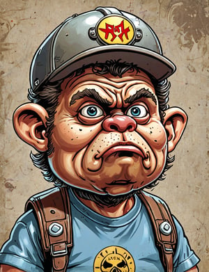 (close up, head and shoulders portrait:1.5), An extremely detailed 1980s (cartoon caricature:1.5), (oversized head caricature:1.3), anthropomorphic bison , wearing biker gang outfit , grunge , dystopian, in the style of garbage pail kids