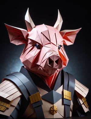 (head and shoulders portrait:2.5), (angry glaring villian paper pig warrior :2), menacing expression, wearing paper armor , made out of folded paper, origami,  light and delicate tones, clear contours, cinematic quality, dark background, highly detailed, chiaroscuro, ral-orgmi