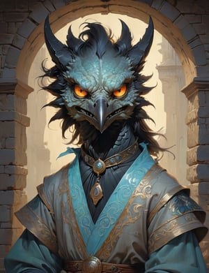 creative magic creature art, anthropomorphic creature fusion ( dragon :1.6) (crow :1.8), prominent eyelashes, (bioluminescence :2), wearing business blouse , glowing eyes, head and shoulders portrait , hyper-detailed oil painting, art by Greg Rutkowski and (Norman Rockwell:1.5) , illustration style, symmetry , inside a medieval dungeon, cracked stone walls , huayu