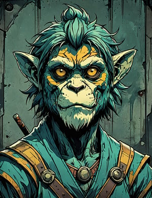 (close up, head and shoulders portrait:1.5), yellow, green, teal gradient ,(anthropomorphic bengal langur yeti :1.5), (angular shapes:1.7), samurai, wearing samurai armor, (strong outline sketch style:1.5), symmetrical features, gritty fantasy, (darkest dungeon art style :1.4), dark muted background, detailed, Dark Manga of,Dark Anime of,comic book