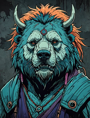 (close up, head and shoulders portrait:1.5), orange, teal, blue, violet gradient , (anthromorphic grizzly bear bison :1.5), samurai, wearing samurai armor, (strong outline sketch style:1.5), symmetrical features, gritty fantasy, (darkest dungeon art style :1.4), dark muted background, detailed,one_piece_wano_style,Dark Manga of