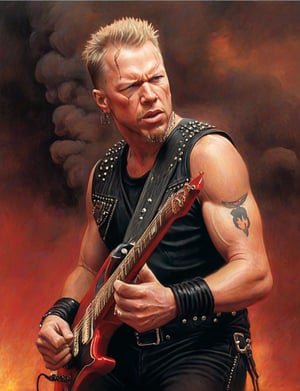 (head and shoulders portrait:1.2), James Hetfield, a heavy metal guitarist, (playing guitar:1.2), performing on stage, short blond hair, wearing black t-shirt and black leather vest, metal studs, chains, looking at the camera, red smoke background,  surreal fantasy, close-up view, chiaroscuro lighting, no frame, hard light, art by Zdzisław Beksiński,digital artwork by Beksinski