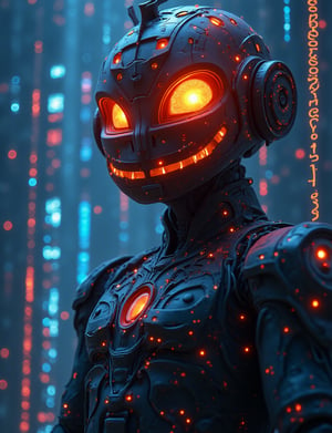 close up head and shoulders portrait of a futuristic anime figure with a jack-o-lantern on his head, dressed in neon-lit armor, explores a binary matrix digital world. Framed within a swirling vortex of 1s and 0s, the cyborg's eyes glow bright blue as it navigates through a maze of glitching pixels and distorted holographic projections. The atmospheric lighting blends digital mess with real-world elements, creating a trippy fusion of futuristic cityscapes and abstract art.