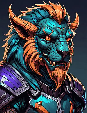 (close up, head and shoulders portrait:1.3), teal and orange gradient , (anthromorphic mamoset manticore :1.6), wearing blue and violet sci-fi polycarbonate armor, (strong outline sketch style:1.5), gritty fantasy, (darkest dungeon art style :1.4), dark muted background, detailed