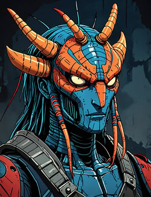 (close up, head and shoulders portrait:1.5), red, orange, blue gradient ,(anthropomorphic centipede robot :1.5), (angular shapes:1.7), samurai, wearing samurai armor, (strong outline sketch style:1.5), symmetrical features, gritty fantasy, (darkest dungeon art style :1.4), dark muted background, detailed, one_piece_wano_style, Dark Manga of,anime screencap,Dark Anime of