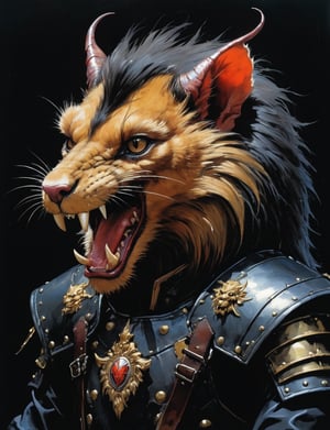 art by simon bisley, art by ralph steadman, art by vallejo, a masterpiece, stunning detail, (head and shoulders portrait:1.3), (anthropomorphic manticore weasel:1.3), supreme wearing black leather armor , dark background 