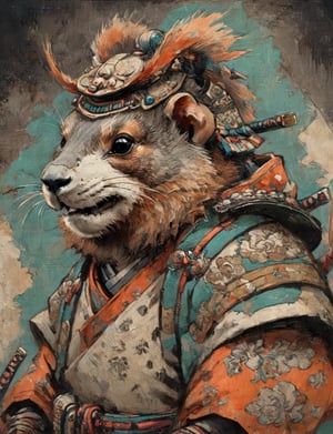 (close up, head and shoulders portrait:1.3), anthromorphic ( marmot :1.6), oni_horns, samurai , samurai armor , brown, tangerine, teal , white and black color scheme , (dark background:1.2), Ukiyo-e,ink,colorful,shogun