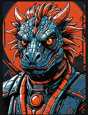 (close up, head and shoulders portrait:1.5), An extremely detailed 1970s retro-future anthropomorphic (Komodo dragon :1.2) (manticore :1.4) robot, centered, (strong outline sketch style:1.5), (flat silkscreen art style:1.9), (solid dark background:1.2), (red, orange, sapphire, black and white tones), masterpiece, epic, by pascal blanche rutkowski repin artstation painting concept art of detailed character design matte painting, 4 k resolution blade runner, dark muted background, detailed, comic book,dcas_lora