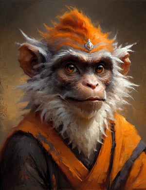 (close up, head and shoulders portrait:1.3), anthromorphic ( macaque :1.2) dragon, guru, long mustache, monk robes, orange, yellow, white and black color scheme , Disney pixar style