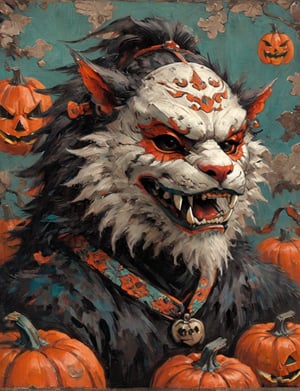 (close up, head and shoulders portrait:1.3), anthromorphic ( manticore :1.4) (neck and chest fur:1.5), (wearing a jack-o-lantern mask :2.5), jack-o-lantern , samurai helmet, oni_horns, samurai , black samurai armor, red, aqua, orange, blue , white and black color scheme , (dark Halloween background:1.2), Disney pixar style,Ukiyo-e,ink,colorful,shogun