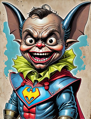 (close up, head and shoulders portrait:1.5), An extremely detailed 1980s (cartoon caricature:1.5), (oversized head caricature:1.3), anthropomorphic bat  , wearing super hero suit , grunge , dystopian, in the style of garbage pail kids