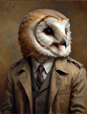 head and shoulders portrait, anthromorphic barn owl , a hard-boiled atmosphere, a trench coat, a tie