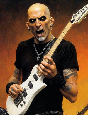 (head and shoulders portrait:1.2), Scott Ian, a heavy metal guitarist, (playing white guitar:1.2), performing on stage, bald head, long white goatee,  wearing black t-shirt, metal studs, chains, looking at the camera, yelling, yellow and orange background, undead mosh pit in background,  surreal fantasy, close-up view, chiaroscuro lighting, no frame, hard light, art by Zdzisław Beksiński,digital artwork by Beksinski