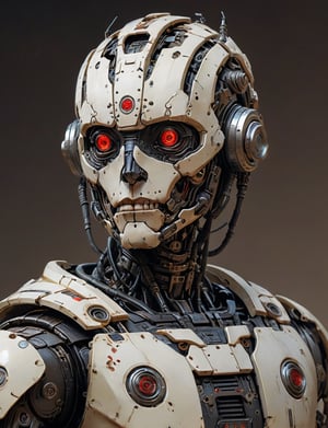 A male, (cybernetic robot:3), biomechanical, (bounty hunter :3) , wearing intricate necromancer armor . red eyes, dark background, serious face expression. head and shoulders portrait , hyper-detailed oil painting, art by Greg Rutkowski and (Norman Rockwell:1.5) , illustration style, symmetry , sci-fi interior setting , huayu