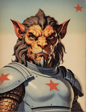 Soviet communist retro painted poster with a head and shoulders portrait, anthropomorphic manticore wearing sci-fi armor , 