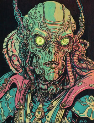 (head and shoulders portrait:1.2), (anthropomorphic Cthulhu cyborg :1.3) as a warrior, triadic colors, wearing sci-fi outfit , surreal fantasy, close-up view, chiaroscuro lighting, no frame, hard light,Ukiyo-e,ink