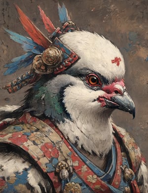 (close up, head and shoulders portrait:1.3), (anthromorphic pigeon :1.6), oni_horns, samurai , samurai armor , brown, blue, violet , white and black color scheme , (dark background:1.2), Ukiyo-e,ink,colorful,shogun