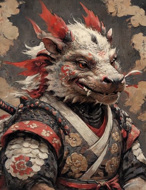(close up, head and shoulders portrait:1.3), anthromorphic ( babirusa :1.2) dragon, samurai , black samurai armor, brown, red , white and black color scheme , (dark background:1.2), Disney pixar style,Ukiyo-e,ink,colorful,shogun