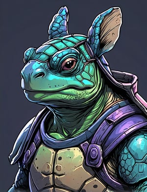 (close up, head and shoulders portrait:1.3), blue and green gradient , (anthromorphic turtle toad rabbit :1.6), rabbit ears, wearing blue and violet sci-fi polycarbonate armor, (strong outline sketch style:1.5), gritty fantasy, (darkest dungeon art style :1.4), dark muted background, detailed