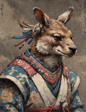 (close up, head and shoulders portrait:1.3), (anthromorphic kangaroo :1.6), oni_horns, samurai , samurai armor , brown, blue, violet , white and black color scheme , (dark background:1.2), Ukiyo-e,ink,colorful,shogun