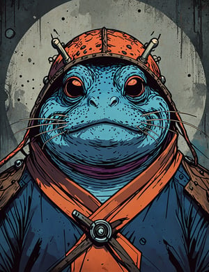 (close up, head and shoulders portrait:1.5), red, orange, blue, violet gradient ,(anthromorphic toad muskrat :1.5), samurai, wearing samurai armor, (strong outline sketch style:1.5), symmetrical features, gritty fantasy, (darkest dungeon art style :1.4), dark muted background, detailed, one_piece_wano_style, Dark Manga of