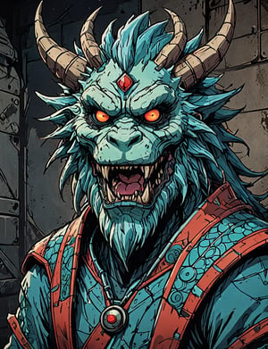 (close up, head and shoulders portrait:1.5), colorful ,(anthropomorphic dragon yeti :1.5), (angular shapes:1.7), samurai, wearing samurai armor, (strong outline sketch style:1.5), symmetrical features, gritty fantasy, (darkest dungeon art style :1.4), dark muted background, detailed, Dark Manga of,Dark Anime of,comic book