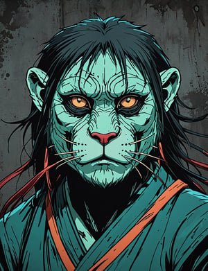 (close up, head and shoulders portrait:1.5), red, orange, green, teal, aqua, blue, violet gradient ,(anthromorphic jaguar capuchin :1.5), samurai, wearing samurai armor, (strong outline sketch style:1.5), symmetrical features, gritty fantasy, (darkest dungeon art style :1.4), dark muted background, detailed, one_piece_wano_style, Dark Manga of,anime screencap,Dark Anime of