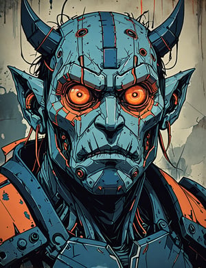 (close up, head and shoulders portrait:1.5), red, orange, blue gradient ,(anthropomorphic cyclops ogre biomechanical robot :1.5), (angular shapes:1.7), samurai, wearing samurai armor, (strong outline sketch style:1.5), symmetrical features, gritty fantasy, (darkest dungeon art style :1.4), dark muted background, detailed, Dark Manga of,Dark Anime of