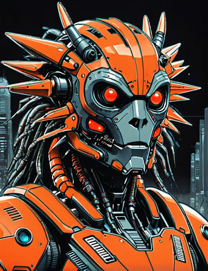 (close up, head and shoulders portrait:1.5), An extremely detailed 1970s retro-future anthropomorphic manticore robot, centered, (strong outline sketch style:1.5), 1970s minimal geometric background, red, orange, black and white tones, masterpiece, epic, sharp focus, emitting diodes, smoke, artillery, sparks, racks, system unit, motherboard, by pascal blanche rutkowski repin artstation painting concept art of detailed character design matte painting, 4 k resolution blade runner, dark muted background, detailed, comic book,dcas_lora