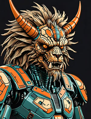 (close up, head and shoulders portrait:1.5), An extremely detailed 1970s retro-future anthropomorphic (wraith :1.2) (manticore :1.4) robot, centered, (strong outline sketch style:1.5), (flat silkscreen art style:1.9), (solid dark background:1.2), (retro color scheme), masterpiece, epic, by pascal blanche rutkowski repin artstation painting concept art of detailed character design matte painting, 4 k resolution blade runner, dark muted background, detailed, comic book,dcas_lora