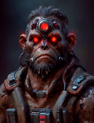 head and shoulders portrait, anthromorphic ((High tech cybernetic ape)),multi Eyes,Glowing red mechanical eyes, high-tech cybernetic body, futuristic power armor, bounty hunter ,xl_cpscavred
