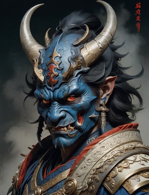 A male, blue phantom, painted oni face, dragon helm, large sharp tusks, wearing intricate samurai armor . red eyes, Best quality rendering, serious face expression. Dark night,cinematic lighting,dark art ,Fog, head and shoulders portrait , hyper-detailed oil painting, art by Greg Rutkowski and (Norman Rockwell:1.5) , illustration style, symmetry , mideval dungeon setting , huayu