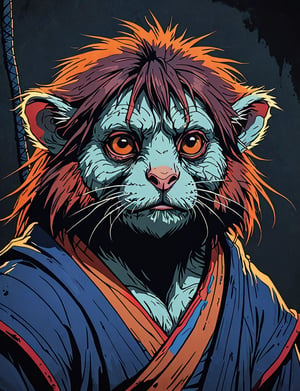 (close up, head and shoulders portrait:1.5), red, orange, blue, violet gradient ,(anthromorphic marmoset :1.5), samurai, wearing samurai armor, (strong outline sketch style:1.5), symmetrical features, gritty fantasy, (darkest dungeon art style :1.4), dark muted background, detailed, one_piece_wano_style, Dark Manga of,anime screencap