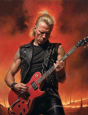 (head and shoulders portrait:1.2), James Hetfield, a heavy metal guitarist, (playing guitar:1.2), performing on stage, short blond hair, wearing black t-shirt and black leather vest, metal studs, chains, looking at the camera, red smoke background,  surreal fantasy, close-up view, chiaroscuro lighting, no frame, hard light, art by Zdzisław Beksiński,digital artwork by Beksinski