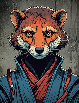 (close up, head and shoulders portrait:1.5), red, orange, blue, violet gradient ,(anthromorphic mongoose :1.5), samurai, wearing samurai armor, (strong outline sketch style:1.5), symmetrical features, gritty fantasy, (darkest dungeon art style :1.4), dark muted background, detailed, one_piece_wano_style, Dark Manga of