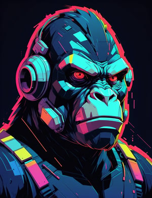 head and shoulders portrait, (anthropomorphic gorilla :1.3) , sci-fi cyborg warrior , 80s anime style, glitch art, flat colors, key visual, vibrant, studio anime, minimalistic