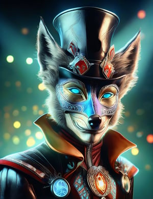 (head and shoulders portrait:1.2), (anthropomorphic jackal :1.3) as circus performer , zorro mask, jester hat, holographic glowing eyes, wearing circus outfit , (outline sketch style:1.5), surreal fantasy, close-up view, chiaroscuro lighting, no frame, hard light, in the style of esao andrews, DonM3lv3nM4g1cXL