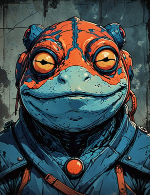 (close up, head and shoulders portrait:1.5), red, orange, blue gradient ,(anthropomorphic toad :1.5), (angular shapes:1.7), samurai, wearing samurai armor, (strong outline sketch style:1.5), symmetrical features, gritty fantasy, (darkest dungeon art style :1.4), dark muted background, detailed, Dark Manga of,Dark Anime of,comic book