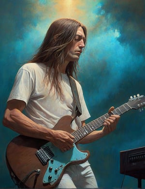 (head and shoulders portrait:1.2), Warren De Martini, a rock guitarist, (playing guitar:1.2), performing on stage, long brown hair,  wearing white t-shirt, looking at the camera, singing, blue and teal stage background, surreal fantasy, close-up view, chiaroscuro lighting, no frame, hard light, art by Zdzisław Beksiński,digital artwork by Beksinski