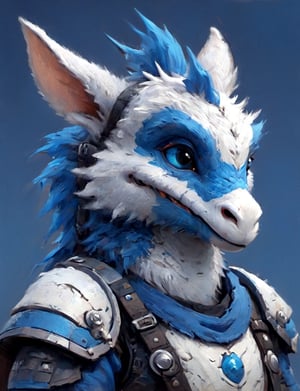 (close up, head and shoulders portrait:1.3), anthromorphic ( donkey rabbit :1.2) dragon, futuristic power armor, bounty hunter , blue and white and black color scheme , Disney pixar style