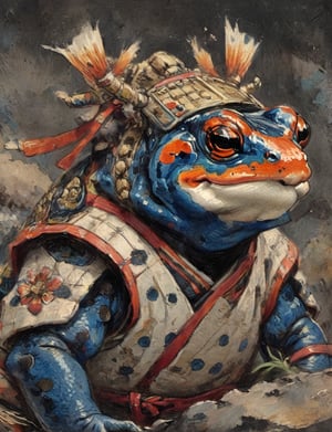 (close up, head and shoulders portrait:1.3), (anthromorphic poison dart frog:1.6), oni_horns, samurai , samurai armor , brown, orange, yellow, blue , white and black color scheme , (dark background:1.2), Ukiyo-e,ink,colorful,shogun